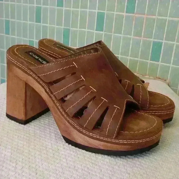 Candie’s Brown Leather and Slip On Open Toe Wood Chunky Y2K Platform Heel Sandal - Picture 7 of 11